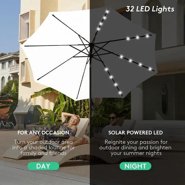 Alt view image 4 of 7 - JEAREY 9' Patio Umbrella with Solar Lights, LED Umbrella, Cream White | Outdoor Table Market Umbrellas with 8 Sturdy, Tilt & Crank UV Protection Waterproof for Garden, Deck, Backyard, Pool