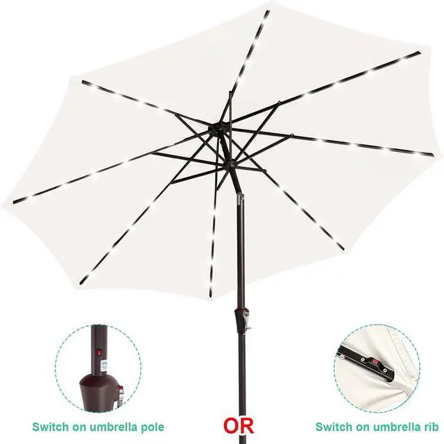Alt view image 2 of 7 - JEAREY 9' Patio Umbrella with Solar Lights, LED Umbrella, Cream White | Outdoor Table Market Umbrellas with 8 Sturdy, Tilt & Crank UV Protection Waterproof for Garden, Deck, Backyard, Pool