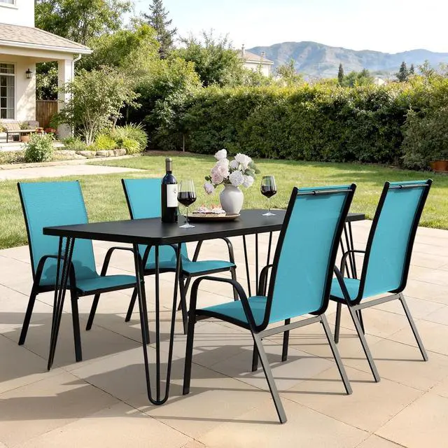 Alt view image 7 of 7 - JEAREY Patio Dining Chairs Set of 4, Stackable Outdoor Chairs, Peacock Blue | Breathable Textilene w/Powder-Coated Steel Frame, 20" Wide High-Back Seat for Lawn, Garden, Deck, Poolside