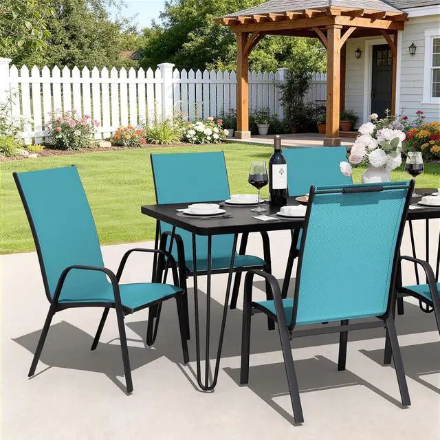 Alt view image 4 of 7 - JEAREY Patio Dining Chairs Set of 4, Stackable Outdoor Chairs, Peacock Blue | Breathable Textilene w/Powder-Coated Steel Frame, 20" Wide High-Back Seat for Lawn, Garden, Deck, Poolside