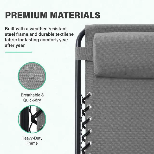 Alt view image 4 of 7 - JEAREY Zero Gravity Chairs Set of 2, Adjustable Patio Recliners, Light Grey | 400 lbs Capacity, Steel Frame Textilene Fabric, Locking Recline, Pillow & Cup Holder Tray for Patio, Pool, Beach