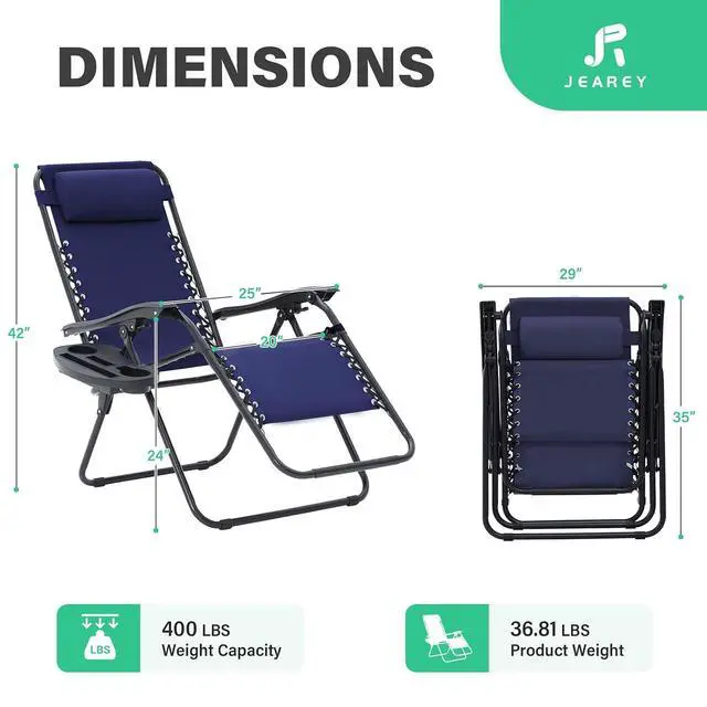 Alt view image 3 of 7 - JEAREY Zero Gravity Chairs Set of 2, Adjustable Patio Recliners, Navy Blue | 400 lbs Capacity, Steel Frame Textilene Fabric, Locking Recline, Pillow & Cup Holder Tray for Patio, Pool, Beach