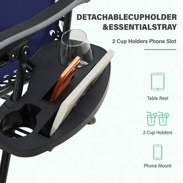 Alt view image 7 of 7 - JEAREY Zero Gravity Chairs Set of 2, Adjustable Patio Recliners, Navy Blue | 400 lbs Capacity, Steel Frame Textilene Fabric, Locking Recline, Pillow & Cup Holder Tray for Patio, Pool, Beach