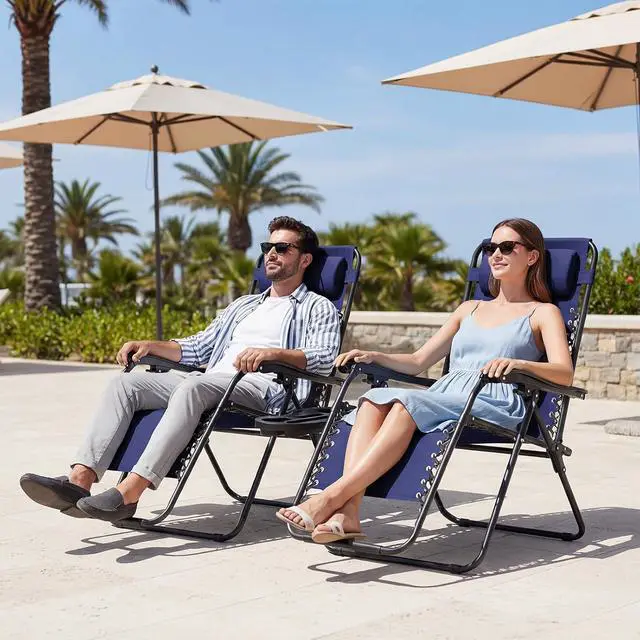 Alt view image 2 of 7 - JEAREY Zero Gravity Chairs Set of 2, Adjustable Patio Recliners, Navy Blue | 400 lbs Capacity, Steel Frame Textilene Fabric, Locking Recline, Pillow & Cup Holder Tray for Patio, Pool, Beach