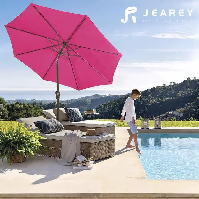 Alt view image 6 of 7 - JEAREY 10 ft Outdoor Patio Umbrella w/Tilt and Crank, Rose Pink | 8 Sturdy Ribs Market Umbrella UV Protection Waterproof Provides Comfortable Shade for Garden, Deck, Backyard, Pool