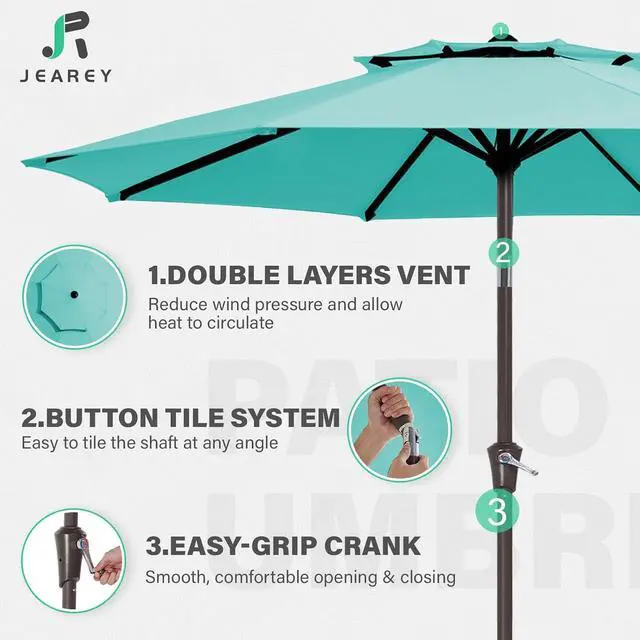 Alt view image 3 of 7 - JEAREY 9' 2-Tiers Patio Umbrellas Outdoor Table Market Umbrella w/Push Button Tilt/Crank, 8 Sturdy Ribs, UV Protection Waterproof Sunproof(Teal)