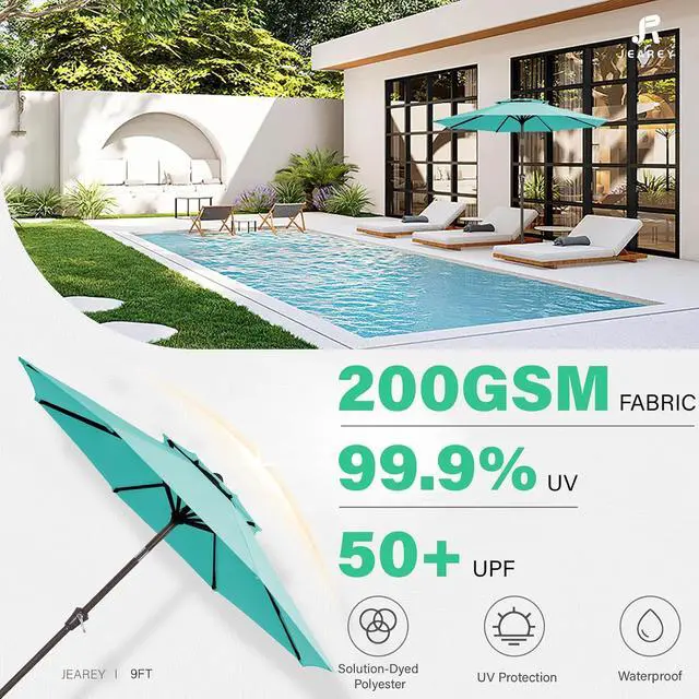 Alt view image 2 of 7 - JEAREY 9' 2-Tiers Patio Umbrellas Outdoor Table Market Umbrella w/Push Button Tilt/Crank, 8 Sturdy Ribs, UV Protection Waterproof Sunproof(Teal)