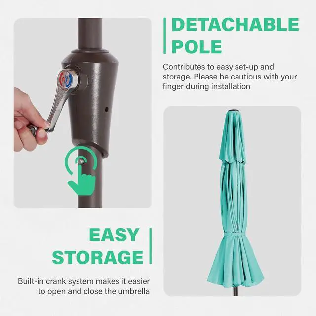 Alt view image 5 of 7 - JEAREY 9' 2-Tiers Patio Umbrellas Outdoor Table Market Umbrella w/Push Button Tilt/Crank, 8 Sturdy Ribs, UV Protection Waterproof Sunproof(Teal)