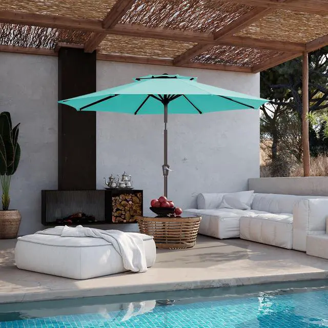 Alt view image 6 of 7 - JEAREY 9' 2-Tiers Patio Umbrellas Outdoor Table Market Umbrella w/Push Button Tilt/Crank, 8 Sturdy Ribs, UV Protection Waterproof Sunproof(Teal)