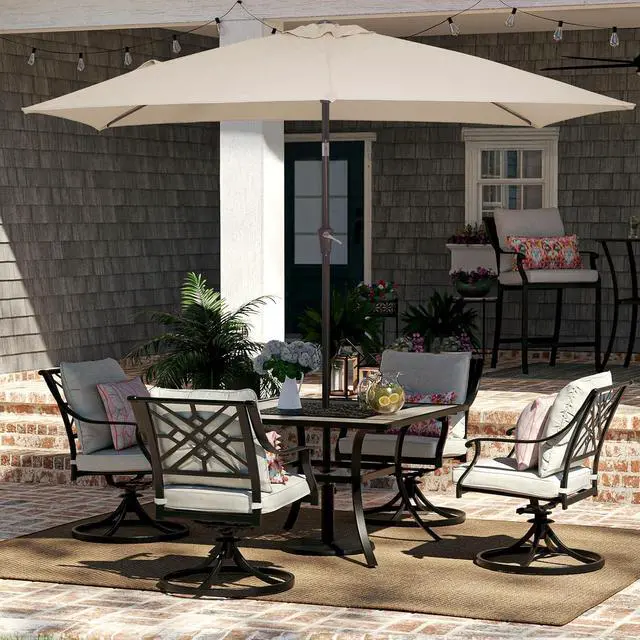 Alt view image 4 of 7 - JEAREY 6.5x10 ft Rectangular Patio Umbrellas Rectangle Outdoor Umbrella with Push Button Tilt and Crank, Market Table Umbrella 6 Sturdy Ribs UV Protection for Poolside Garden Backyard Deck, Beige
