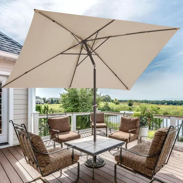 Alt view image 6 of 7 - JEAREY 6.5x10 ft Rectangular Patio Umbrellas Rectangle Outdoor Umbrella with Push Button Tilt and Crank, Market Table Umbrella 6 Sturdy Ribs UV Protection for Poolside Garden Backyard Deck, Beige