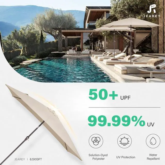 Alt view image 5 of 7 - JEAREY 6.5x10 ft Rectangular Patio Umbrellas Rectangle Outdoor Umbrella with Push Button Tilt and Crank, Market Table Umbrella 6 Sturdy Ribs UV Protection for Poolside Garden Backyard Deck, Beige