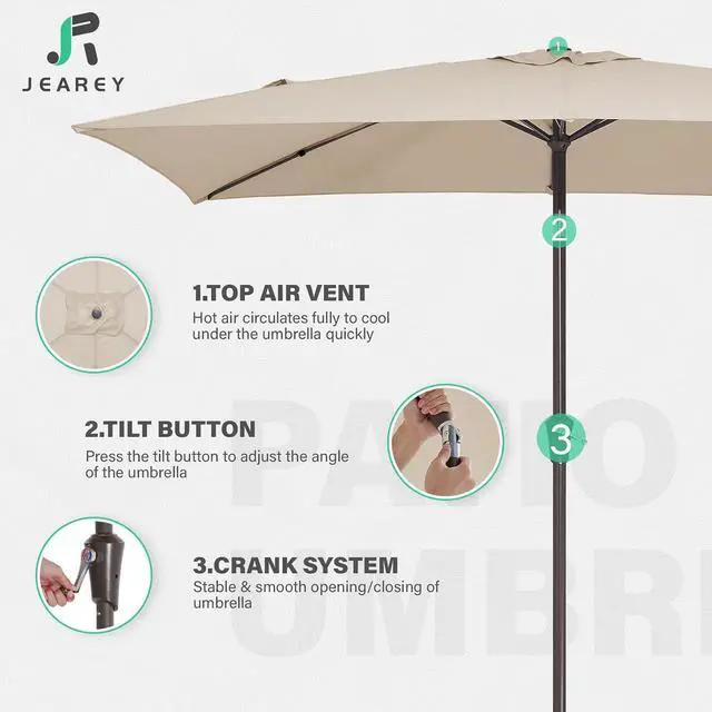 Alt view image 7 of 7 - JEAREY 6.5x10 ft Rectangular Patio Umbrellas Rectangle Outdoor Umbrella with Push Button Tilt and Crank, Market Table Umbrella 6 Sturdy Ribs UV Protection for Poolside Garden Backyard Deck, Beige