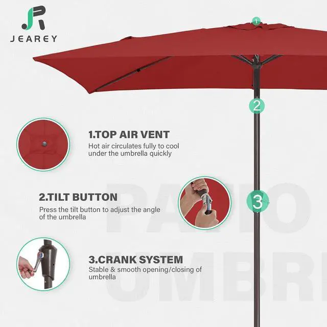 Alt view image 7 of 7 - JEAREY 6.5x10 ft Rectangular Patio Umbrellas Rectangle Outdoor Umbrella with Push Button Tilt and Crank, Market Table Umbrella 6 Sturdy Ribs UV Protection for Poolside Garden Backyard Deck, Red
