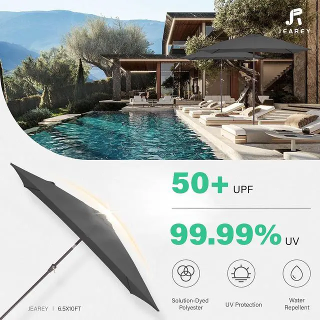 Alt view image 5 of 7 - JEAREY 6.5x10 ft Rectangular Patio Umbrellas Rectangle Outdoor Umbrella with Push Button Tilt and Crank, Market Table Umbrella 6 Sturdy Ribs UV Protection for Poolside Garden Backyard Deck, Gray