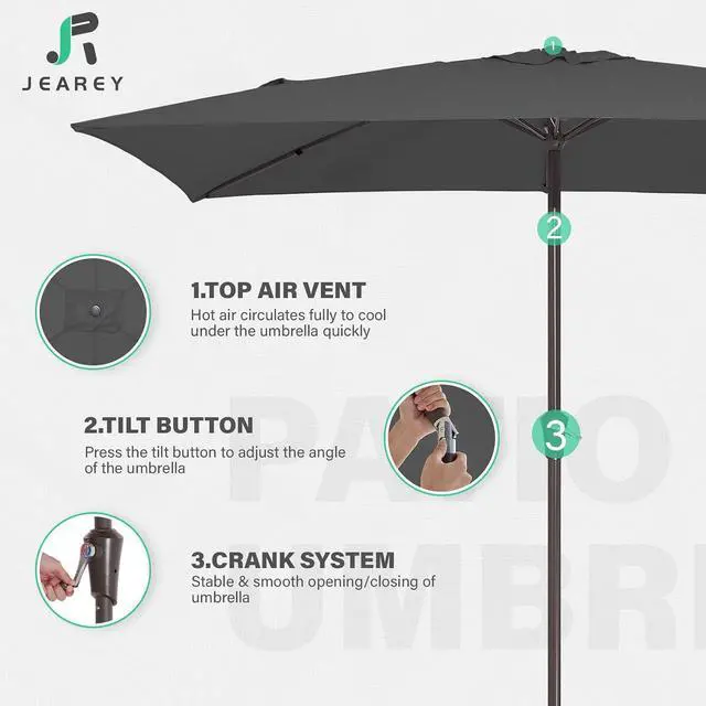 Alt view image 7 of 7 - JEAREY 6.5x10 ft Rectangular Patio Umbrellas Rectangle Outdoor Umbrella with Push Button Tilt and Crank, Market Table Umbrella 6 Sturdy Ribs UV Protection for Poolside Garden Backyard Deck, Gray