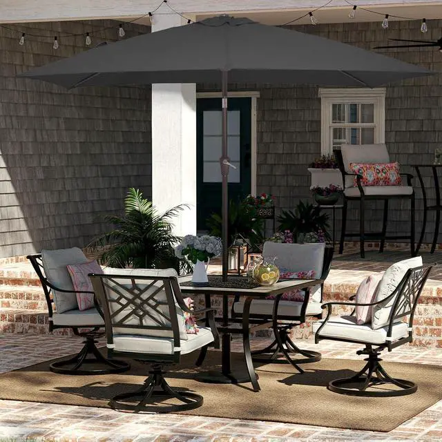 Alt view image 4 of 7 - JEAREY 6.5x10 ft Rectangular Patio Umbrellas Rectangle Outdoor Umbrella with Push Button Tilt and Crank, Market Table Umbrella 6 Sturdy Ribs UV Protection for Poolside Garden Backyard Deck, Gray