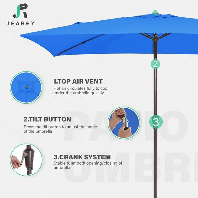 Alt view image 7 of 7 - JEAREY 6.5x10 ft Rectangular Patio Umbrellas Rectangle Outdoor Umbrella with Push Button Tilt and Crank, Market Table Umbrella 6 Sturdy Ribs UV Protection for Poolside Garden Backyard Deck, Royal Blue