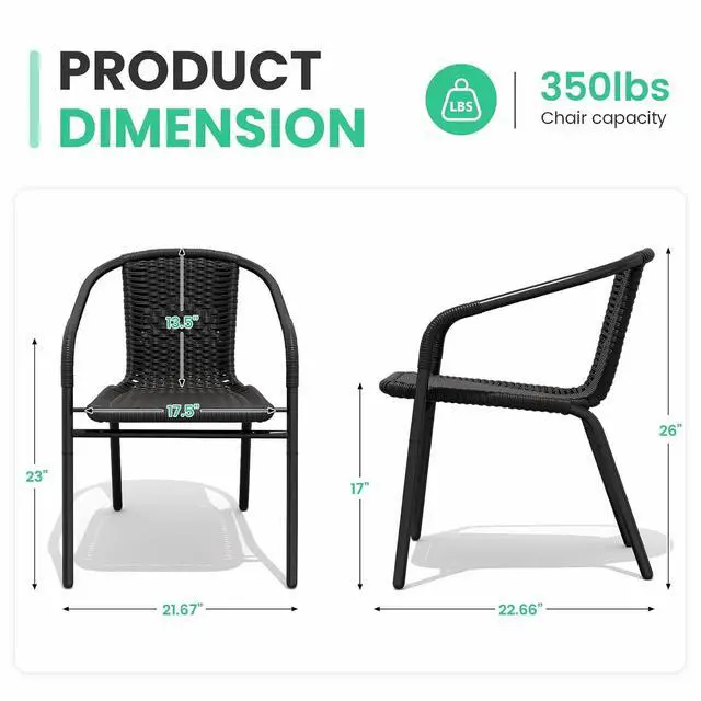 Alt view image 3 of 7 - JEAREY Outdoor Dining Chairs Set of 4, Stackable Rattan Patio Chairs, Black | 4 stackable rattan chairs with powder-coated frame for patio, deck, garden and restaurant seating