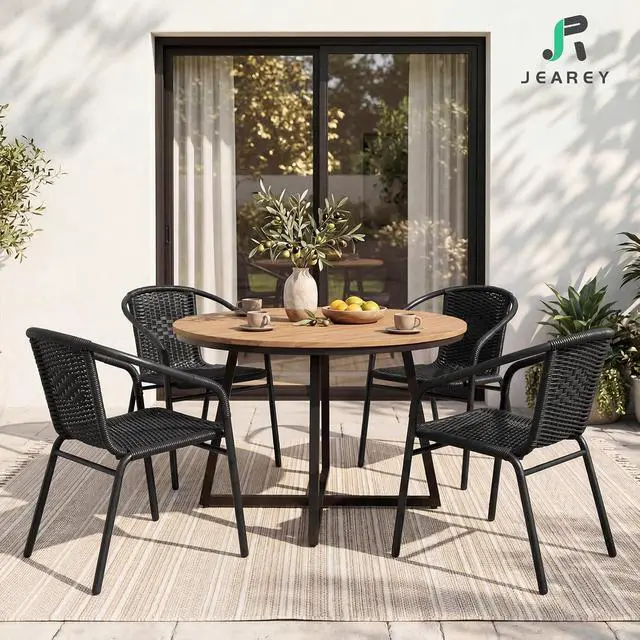 Alt view image 2 of 7 - JEAREY Outdoor Dining Chairs Set of 4, Stackable Rattan Patio Chairs, Black | 4 stackable rattan chairs with powder-coated frame for patio, deck, garden and restaurant seating
