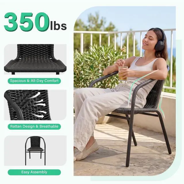 Alt view image 5 of 7 - JEAREY Outdoor Dining Chairs Set of 4, Stackable Rattan Patio Chairs, Black | 4 stackable rattan chairs with powder-coated frame for patio, deck, garden and restaurant seating