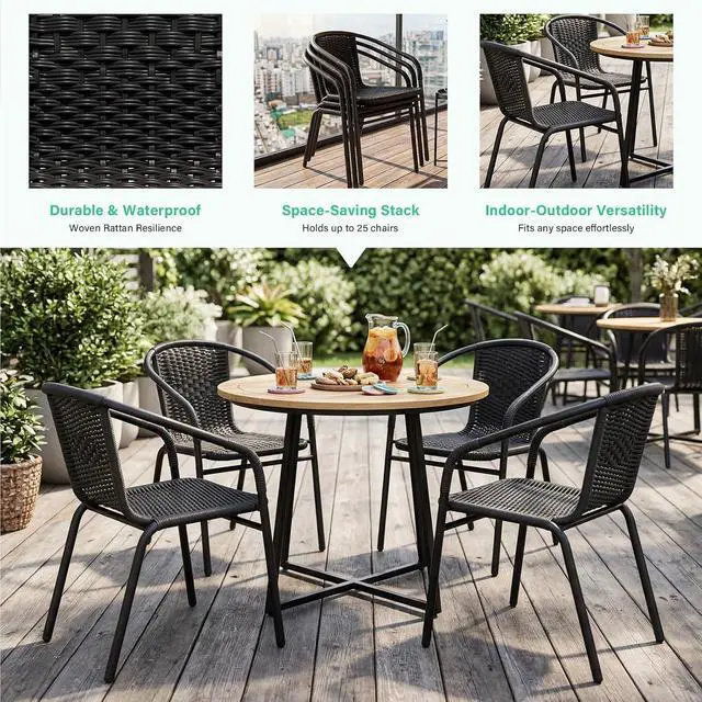 Alt view image 4 of 7 - JEAREY Outdoor Dining Chairs Set of 4, Stackable Rattan Patio Chairs, Black | 4 stackable rattan chairs with powder-coated frame for patio, deck, garden and restaurant seating