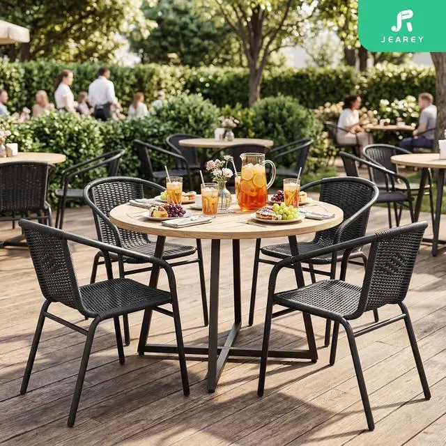 Alt view image 6 of 7 - JEAREY Outdoor Dining Chairs Set of 4, Stackable Rattan Patio Chairs, Black | 4 stackable rattan chairs with powder-coated frame for patio, deck, garden and restaurant seating