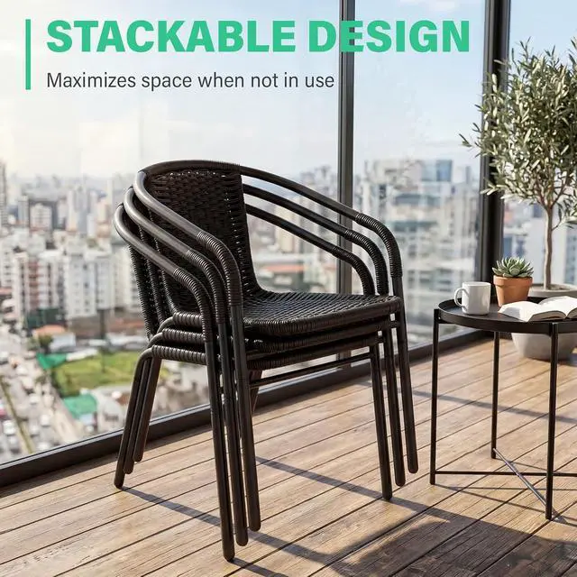 Alt view image 7 of 7 - JEAREY Outdoor Dining Chairs Set of 4, Stackable Rattan Patio Chairs, Black | 4 stackable rattan chairs with powder-coated frame for patio, deck, garden and restaurant seating