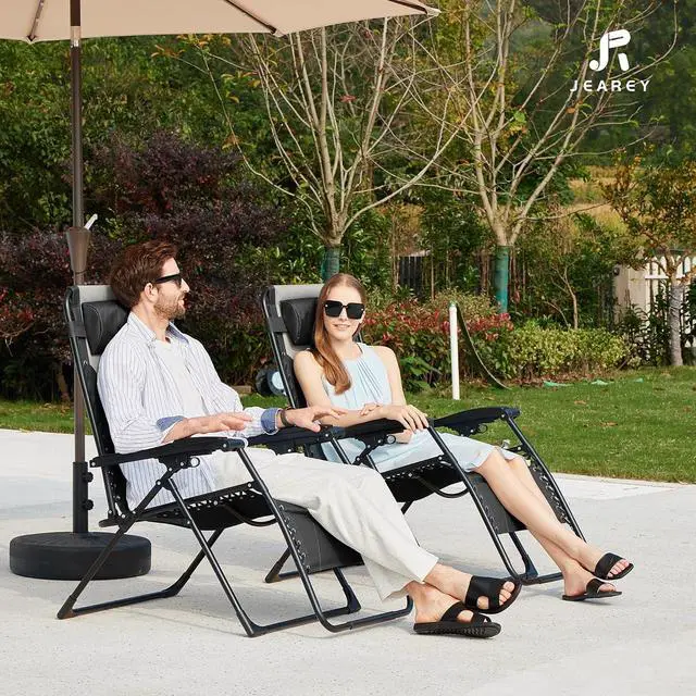 Alt view image 4 of 7 - JEAREY Zero Gravity Chair, Oversized Padded Recliner - Black/Gray | 400 lbs Capacity, 29" Wide Padded Seat, 90170° Locking Recline, Foldable Steel Frame w/Headrest & Side Tray for Patio, Beach