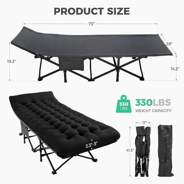 Alt view image 3 of 7 - JEAREY 2-Piece Camping Cot for Sleeping 28" Extra Wide, Heavy-Duty 1200D Oxford Foliding Cots for Adults Portable with Mattress, Carry Bag for Guest, Travel, Hiking, Black