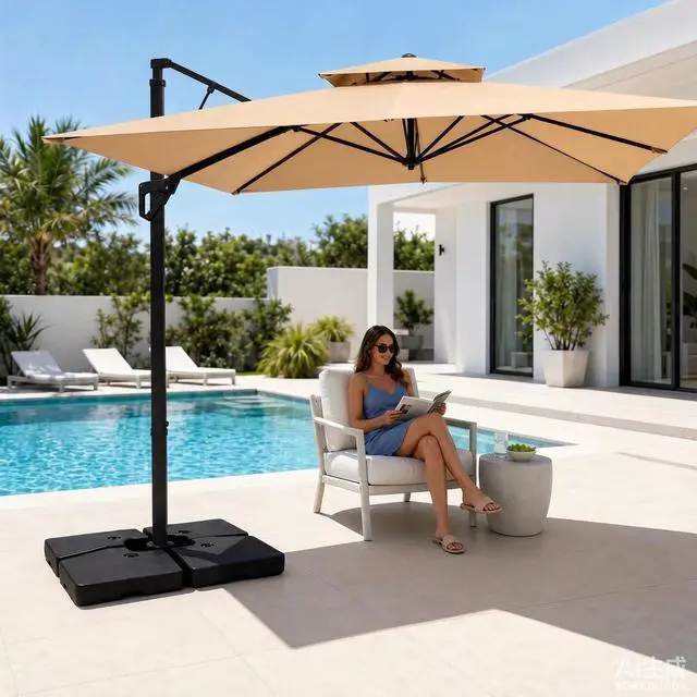 Alt view image 7 of 7 - JEAREY 317lb 4-Piece Umbrella Base Stand Water or Sand Filled | Four 20 x 20 Inch Interlocking Weight Plates with Galvanized Steel U-Hooks for Compatible Cross Bases