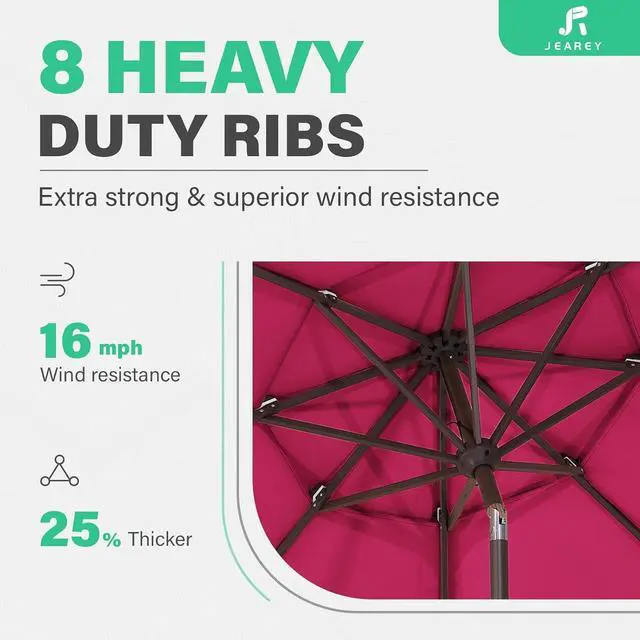 Alt view image 6 of 7 - JEAREY 3 Tier 9 ft Outdoor Patio Umbrella with Tilt and Crank, Pink | Market Table Umbrella with 8 Sturdy Ribs, 1.5 in Pole, UV Protection Waterproof Sunproof for Pool, Deck and Backyard