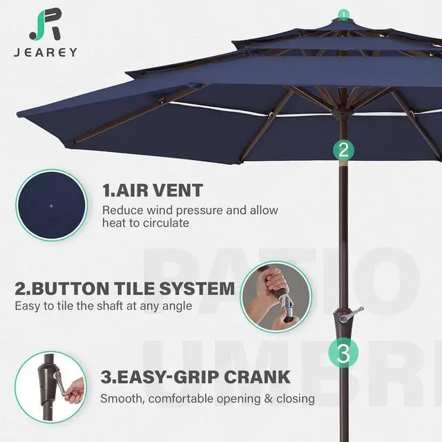 Alt view image 3 of 7 - JEAREY 3 Tier 9 ft Outdoor Patio Umbrella with Tilt and Crank, Navy | Market Table Umbrella with 8 Sturdy Ribs, 1.5 in Pole, UV Protection Waterproof Sunproof for Pool, Deck and Backyard