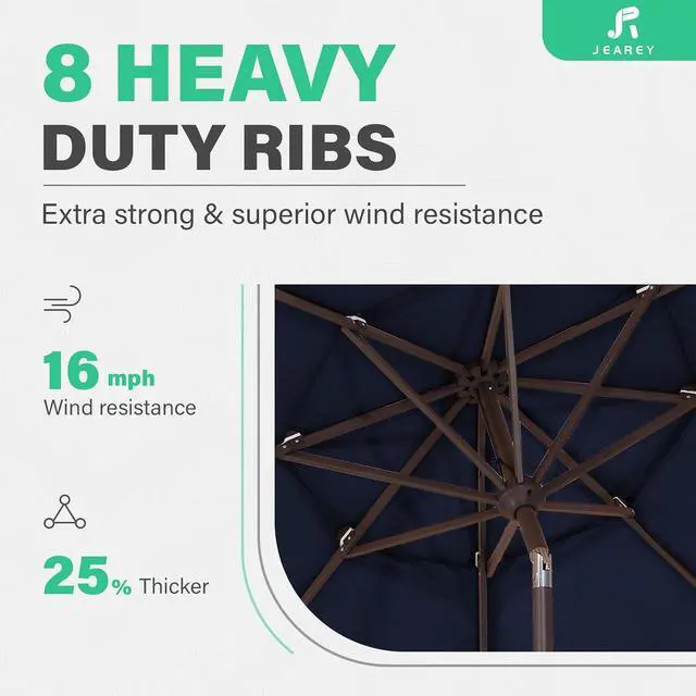 Alt view image 4 of 7 - JEAREY 3 Tier 9 ft Outdoor Patio Umbrella with Tilt and Crank, Navy | Market Table Umbrella with 8 Sturdy Ribs, 1.5 in Pole, UV Protection Waterproof Sunproof for Pool, Deck and Backyard