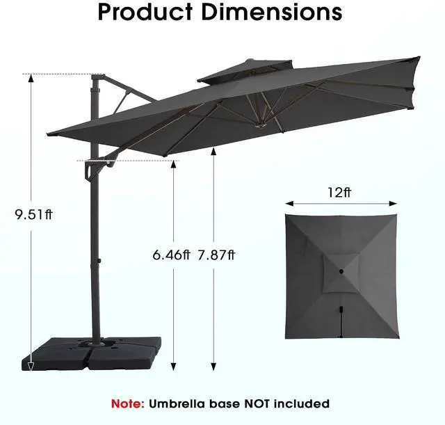 Alt view image 4 of 7 - JEAREY 12x12 ft 2-Tier Cantilever Patio Umbrella, Outdoor Offset Umbrella | Large Square Outdoor Offset Umbrella with Double Top Vent and 360-degree Rotation for Garden, Deck, Pool, Patio, Gray