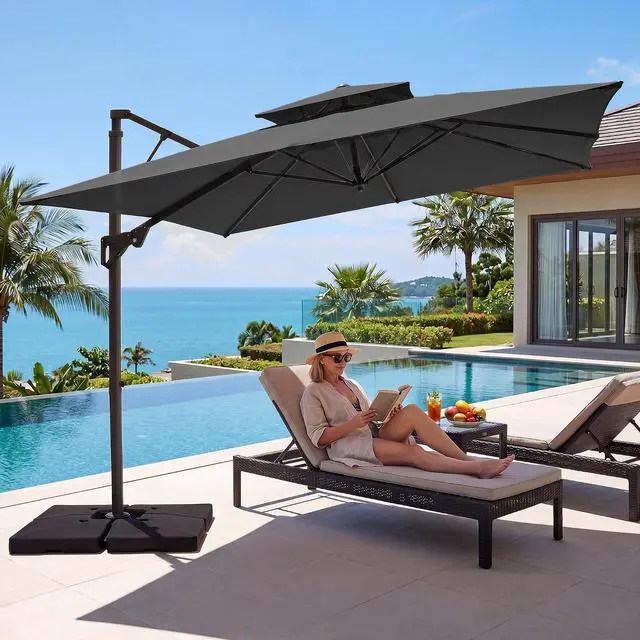 Alt view image 2 of 7 - JEAREY 12x12 ft 2-Tier Cantilever Patio Umbrella, Outdoor Offset Umbrella | Large Square Outdoor Offset Umbrella with Double Top Vent and 360-degree Rotation for Garden, Deck, Pool, Patio, Gray