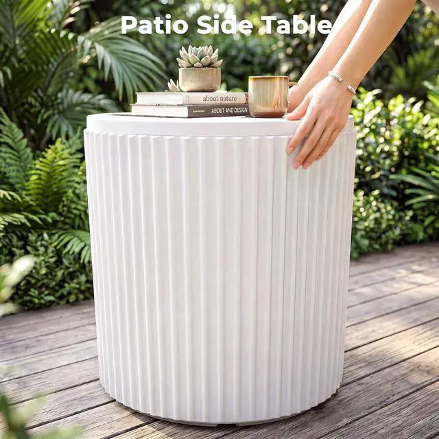 Alt view image 7 of 7 - JEAREY Outdoor Side Table, Umbrella Base, Ice Bucket, Storage Box, White | Patio Table with Umbrella Hole, Fits 1.3"-1.9" Pole, Easy Assembly