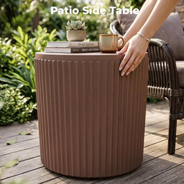 Alt view image 7 of 7 - JEAREY Outdoor Side Table, Umbrella Base, Ice Bucket, Storage Box, Brown | Patio Table with Umbrella Hole, Fits 1.3"-1.9" Pole, Easy Assembly