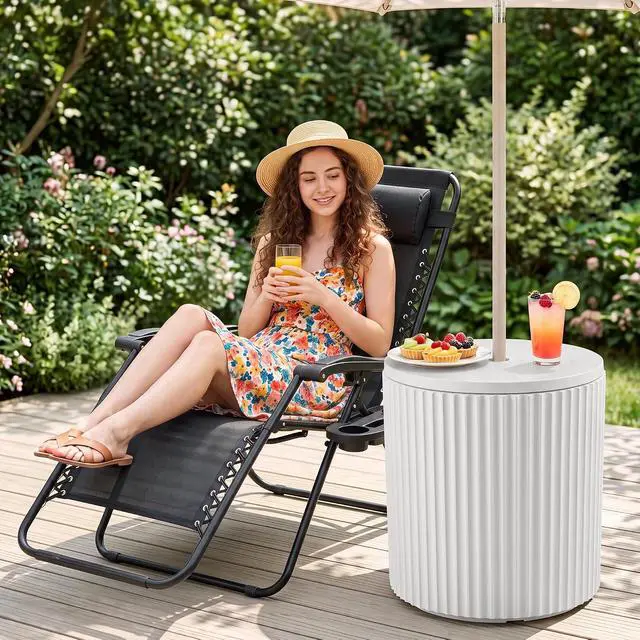Alt view image 2 of 7 - JEAREY Outdoor Side Table Set of 2, Umbrella Base, Ice Bucket, White | Patio Table with Umbrella Hole, Fits 1.3"-1.9" Pole, Easy Assembly