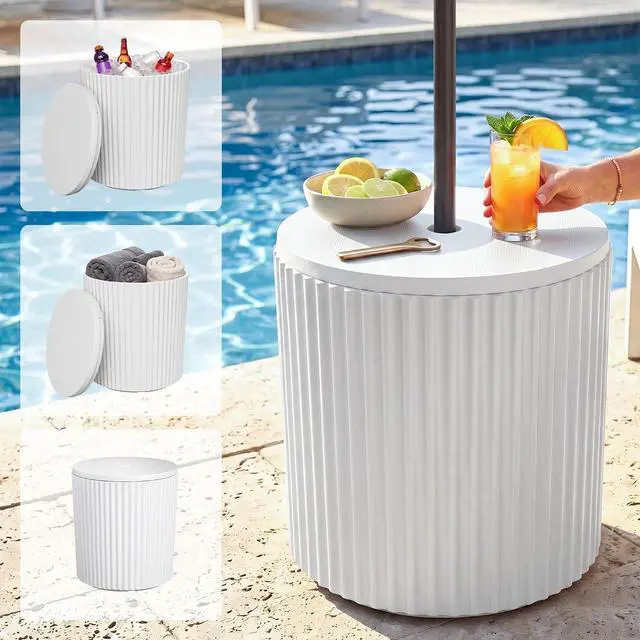 Alt view image 6 of 7 - JEAREY Outdoor Side Table Set of 2, Umbrella Base, Ice Bucket, White | Patio Table with Umbrella Hole, Fits 1.3"-1.9" Pole, Easy Assembly
