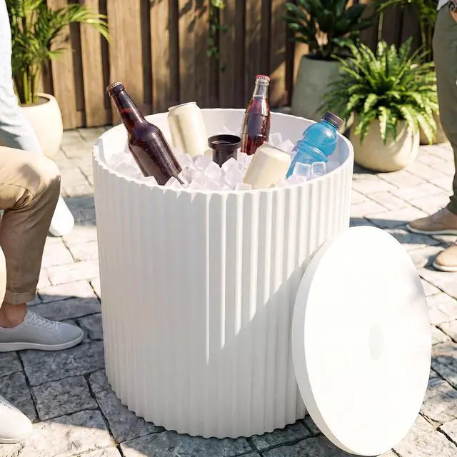 Alt view image 7 of 7 - JEAREY Outdoor Side Table Set of 2, Umbrella Base, Ice Bucket, White | Patio Table with Umbrella Hole, Fits 1.3"-1.9" Pole, Easy Assembly
