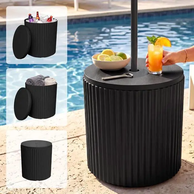 Alt view image 5 of 7 - JEAREY Outdoor Side Table, Umbrella Base, Ice Bucket, Storage Box, Black | Patio Table with Umbrella Hole, Fits 1.3"-1.9" Pole, Easy Assembly