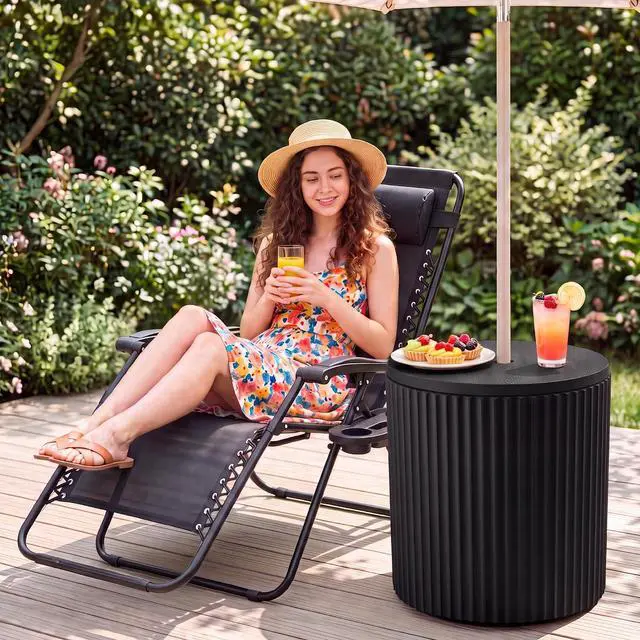 Alt view image 2 of 7 - JEAREY Outdoor Side Table Set of 2, Umbrella Base, Ice Bucket, Black | Patio Table with Umbrella Hole, Fits 1.3"-1.9" Pole, Easy Assembly