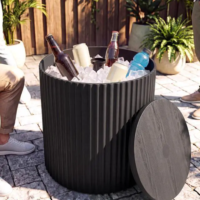 Alt view image 2 of 7 - JEAREY Outdoor Side Table, Umbrella Base, Ice Bucket, Storage Box, Black | Patio Table with Umbrella Hole, Fits 1.3"-1.9" Pole, Easy Assembly