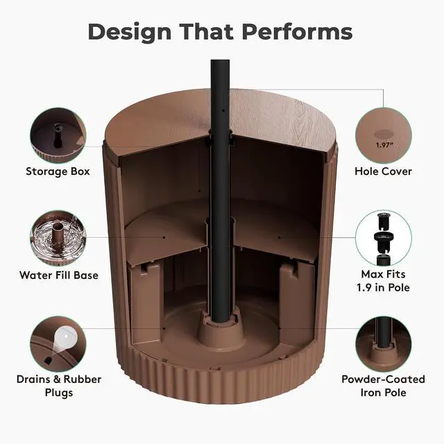 Alt view image 4 of 7 - JEAREY Outdoor Side Table, Umbrella Base, Ice Bucket, Storage Box, Brown | Patio Table with Umbrella Hole, Fits 1.3"-1.9" Pole, Easy Assembly