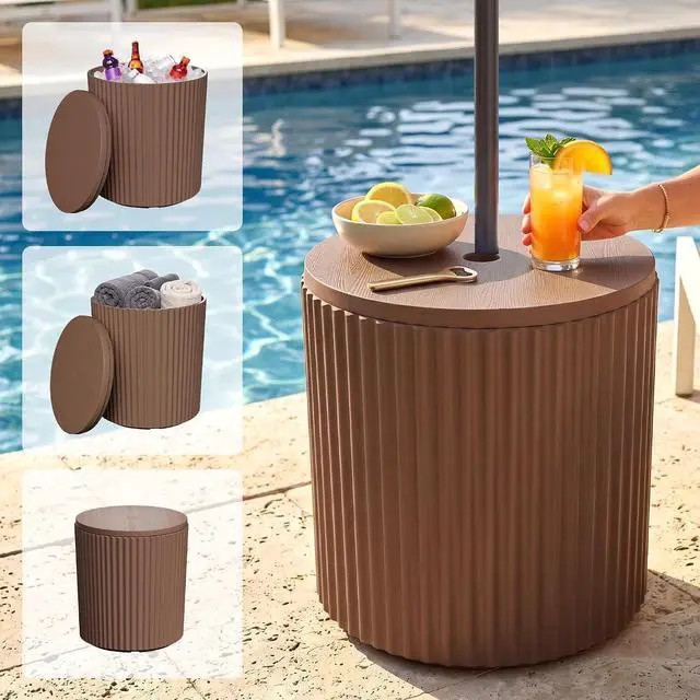 Alt view image 5 of 7 - JEAREY Outdoor Side Table, Umbrella Base, Ice Bucket, Storage Box, Brown | Patio Table with Umbrella Hole, Fits 1.3"-1.9" Pole, Easy Assembly