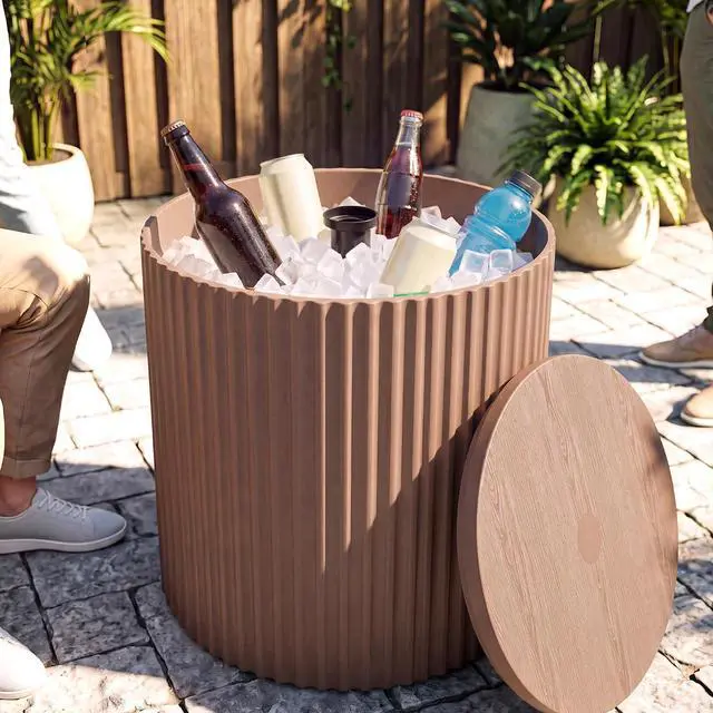 Alt view image 2 of 7 - JEAREY Outdoor Side Table, Umbrella Base, Ice Bucket, Storage Box, Brown | Patio Table with Umbrella Hole, Fits 1.3"-1.9" Pole, Easy Assembly
