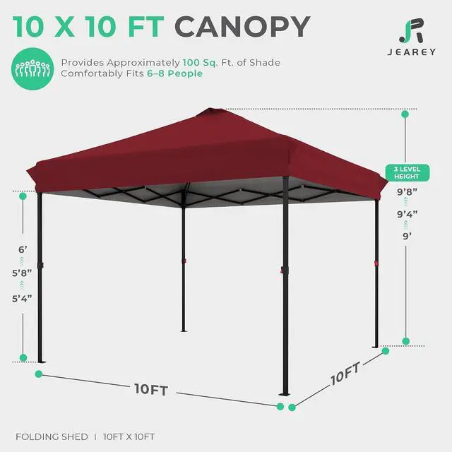 Alt view image 2 of 7 - JEAREY 10x10 Pop Up Canopy Tent, Easy Up Outdoor Market Canopy, Red | Center Lock, 1-push setup, silver-coated top, wheeled bag, 4 sandbags, 8 stakes for beach, markets, camping, sports events