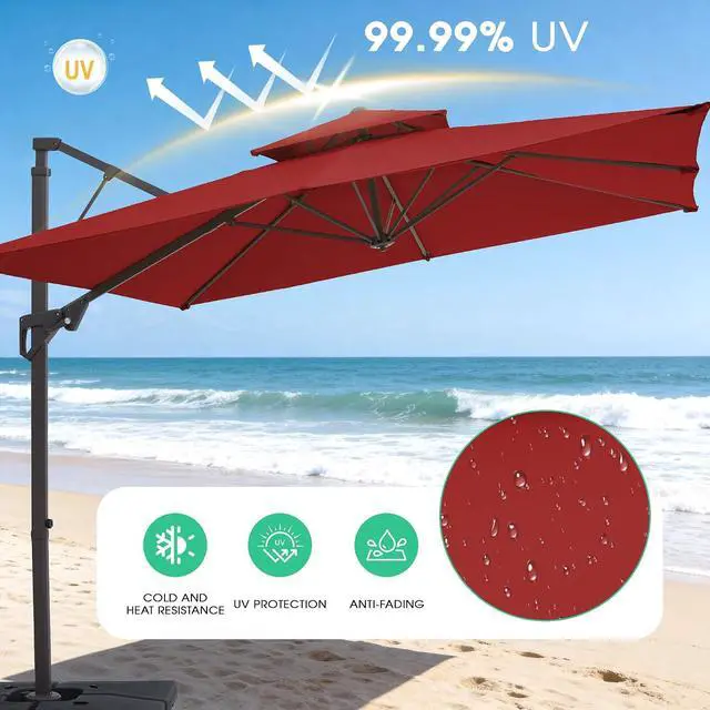 Alt view image 5 of 7 - JEAREY 11x11 ft 2-Tier Cantilever Patio Umbrella, Outdoor Offset Umbrella | Large Square Outdoor Offset Umbrella with Double Top Vent and 360-degree Rotation for Garden, Deck, Pool, Patio, Red