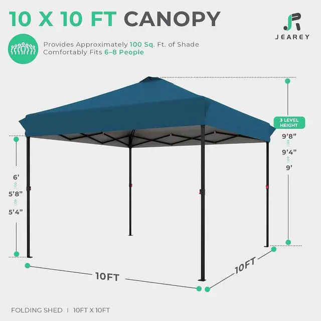 Alt view image 2 of 7 - JEAREY 10x10 Pop Up Canopy Tent, Easy Up Outdoor Market Canopy, Lake Blue | Center Lock, 1-push setup, silver-coated top, wheeled bag, 4 sandbags, 8 stakes for beach, markets, camping, sports events